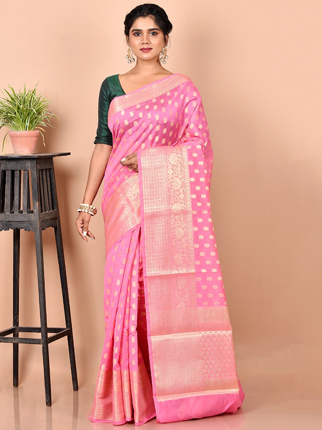 

AllSilks Pink & Gold-Toned Ethnic Motifs Zari Silk Blend Saree
