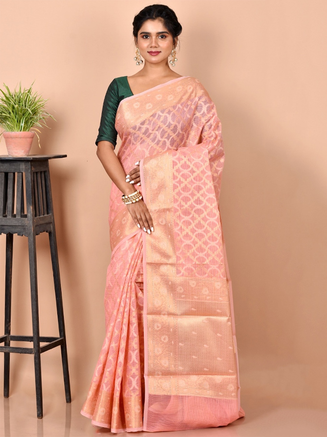 

AllSilks Peach-Coloured & Gold-Toned Woven Design Zari Pure Cotton Saree