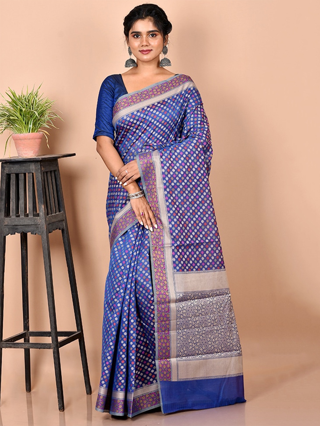 

AllSilks Blue & Pink Ethnic Motifs Zari Silk Blend Saree
