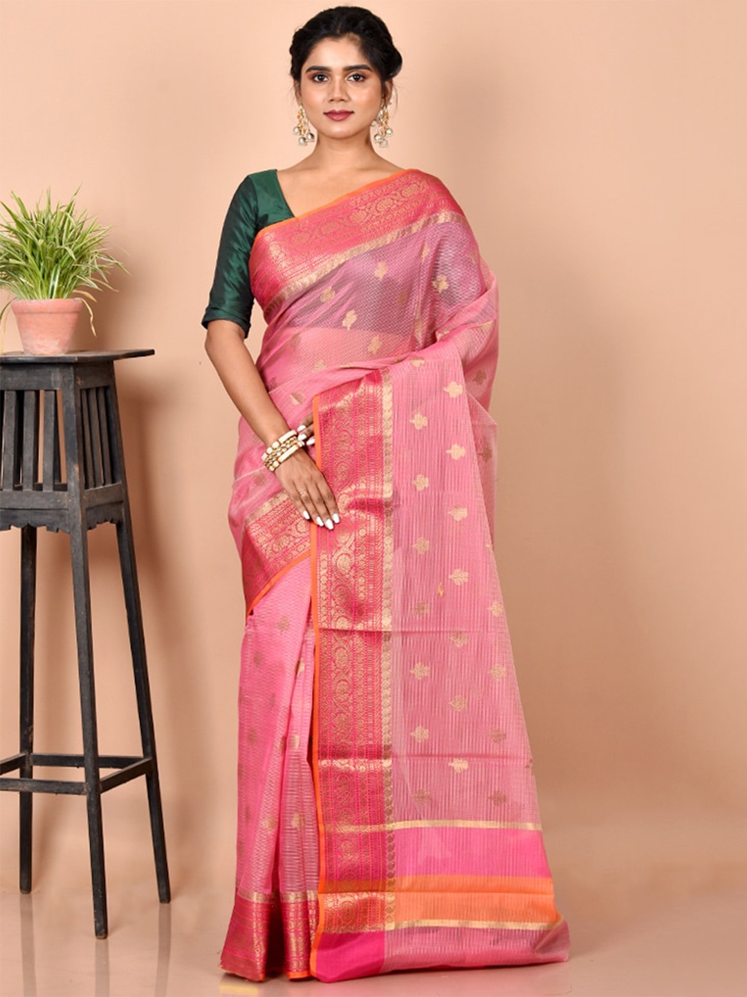 

AllSilks Pink & Gold-Toned Ethnic Motifs Zari Pure Cotton Saree