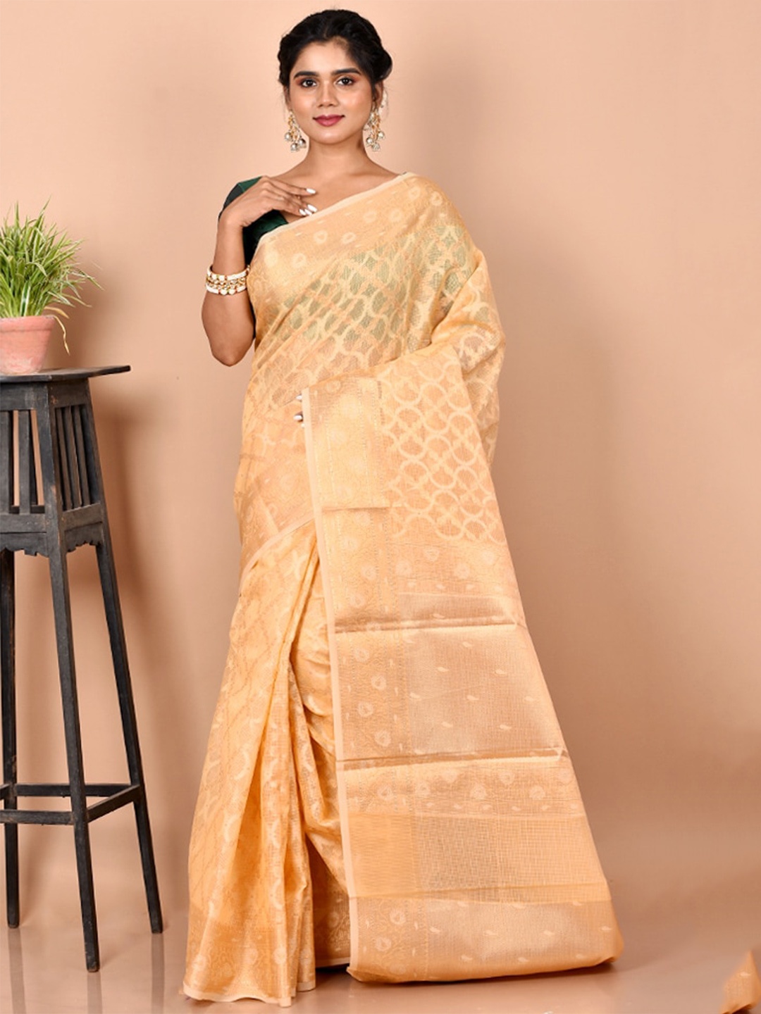 

AllSilks Peach-Coloured Ethnic Motifs Zari Pure Cotton Saree