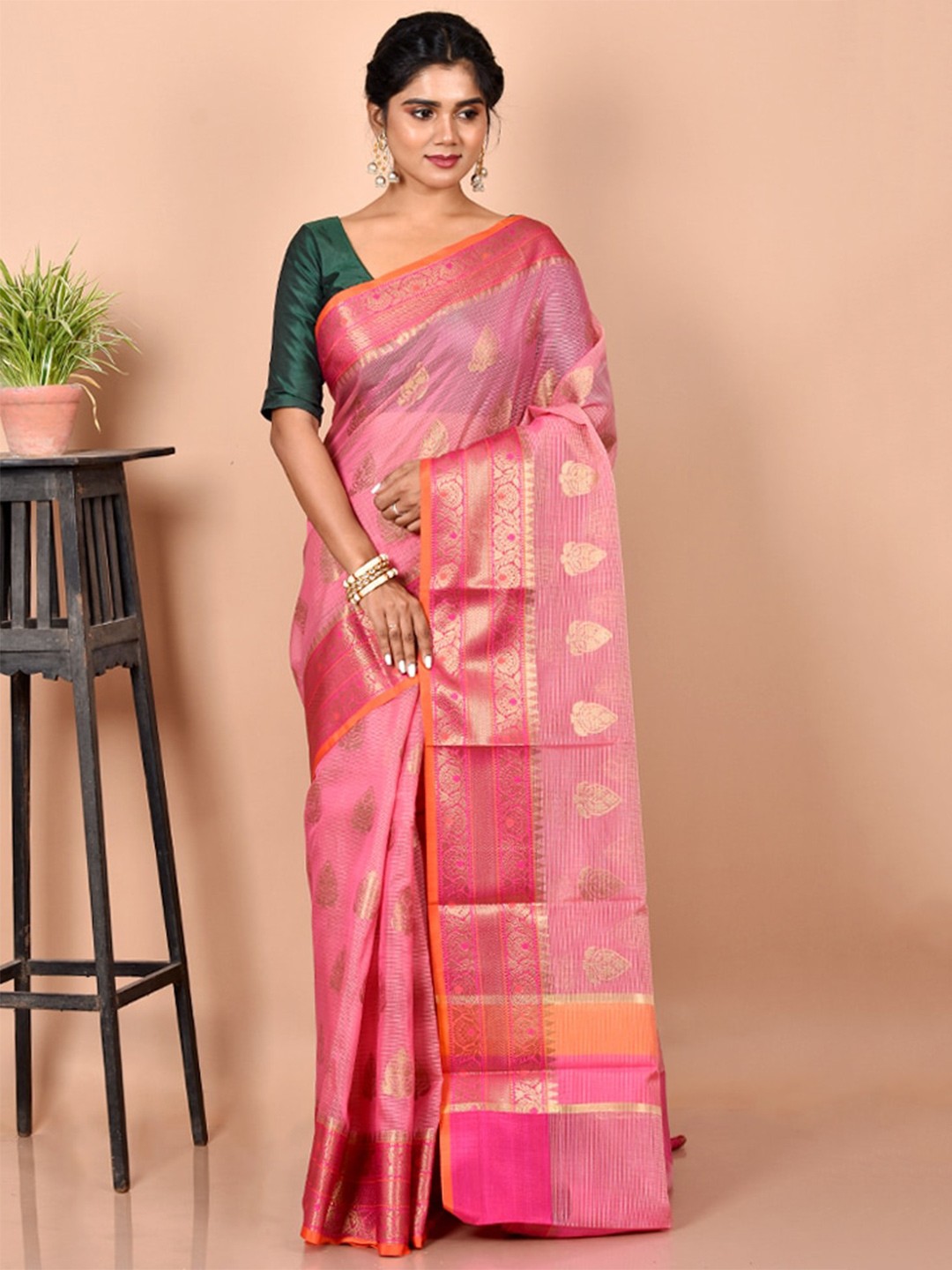 

AllSilks Pink & Gold-Toned Ethnic Motifs Zari Pure Cotton Saree