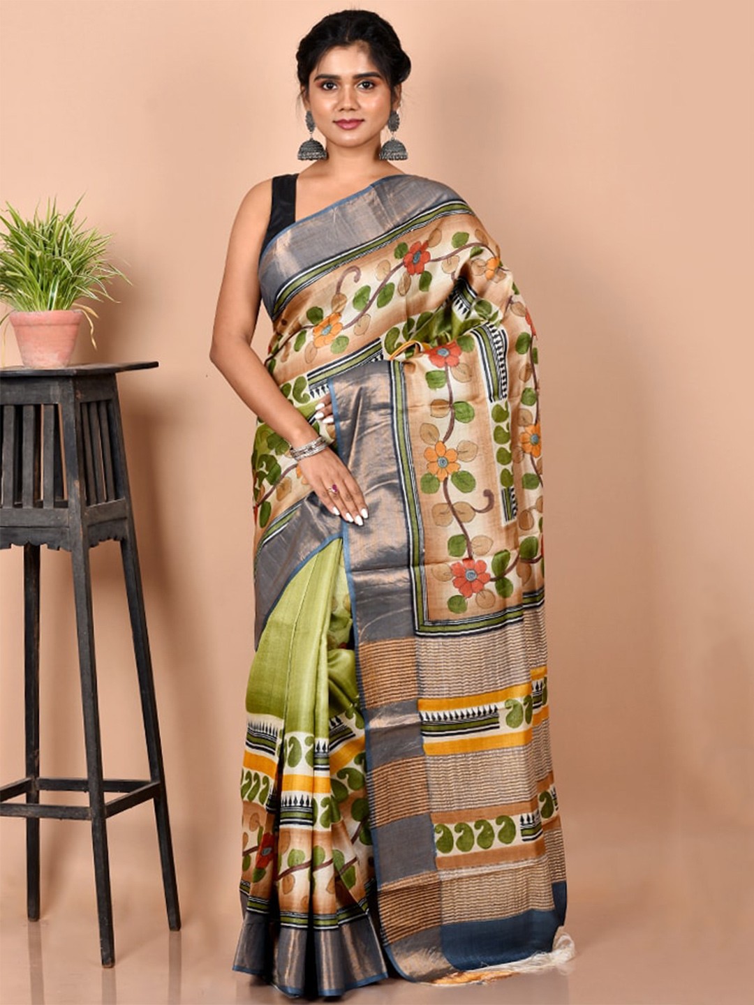 

AllSilks Lime Green & Yellow Floral Zari Silk Blend Tussar Saree