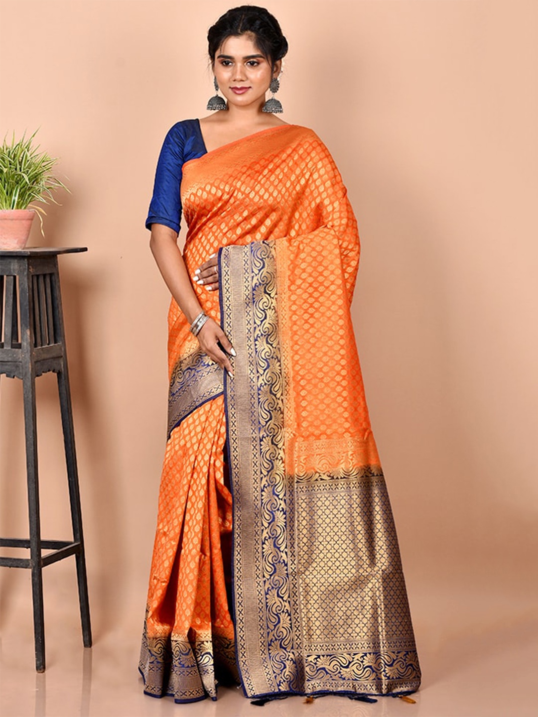 

AllSilks Orange & Gold-Toned Ethnic Motifs Zari Silk Blend Saree