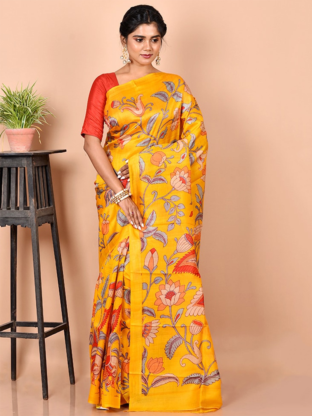 

AllSilks Yellow & Grey Floral Pure Silk Murshidabad Silk Saree