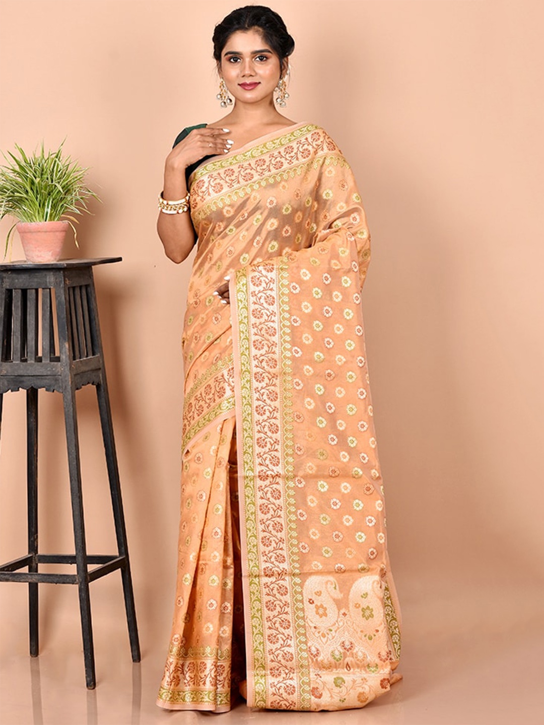 

AllSilks Peach-Coloured & Gold-Toned Ethnic Motifs Zari Silk Blend Saree