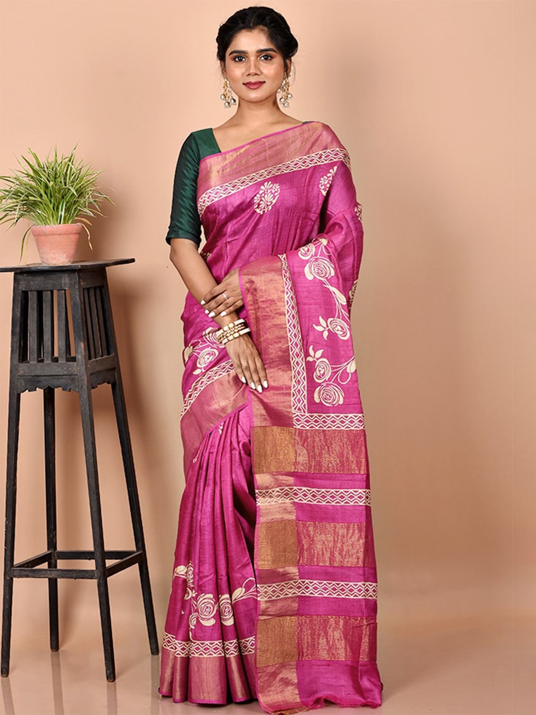 

AllSilks Purple & White Floral Zari Silk Blend Tussar Saree