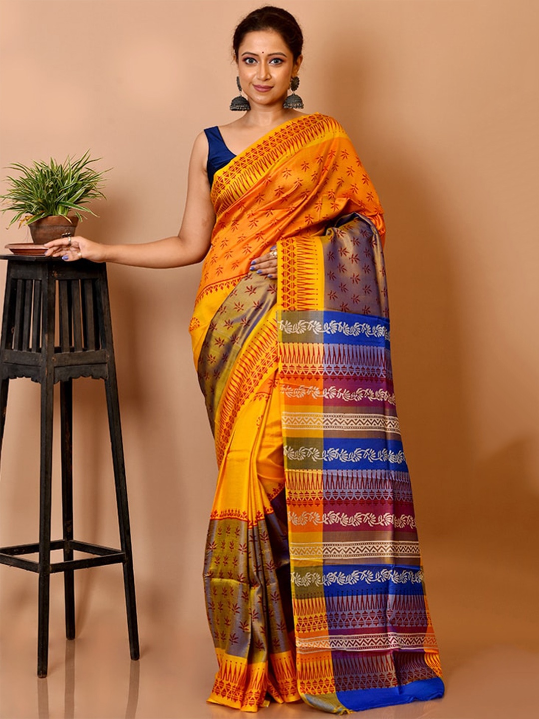 

AllSilks Orange & Blue Ethnic Motifs Pure Silk Murshidabad Silk Saree