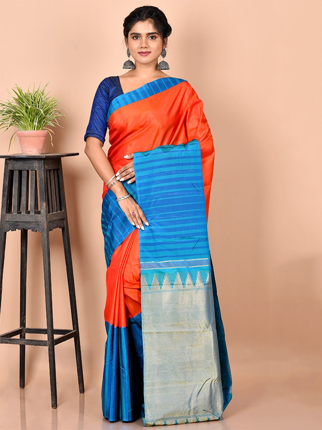 

AllSilks Orange & Blue Zari Pure Silk Kanjeevaram Saree