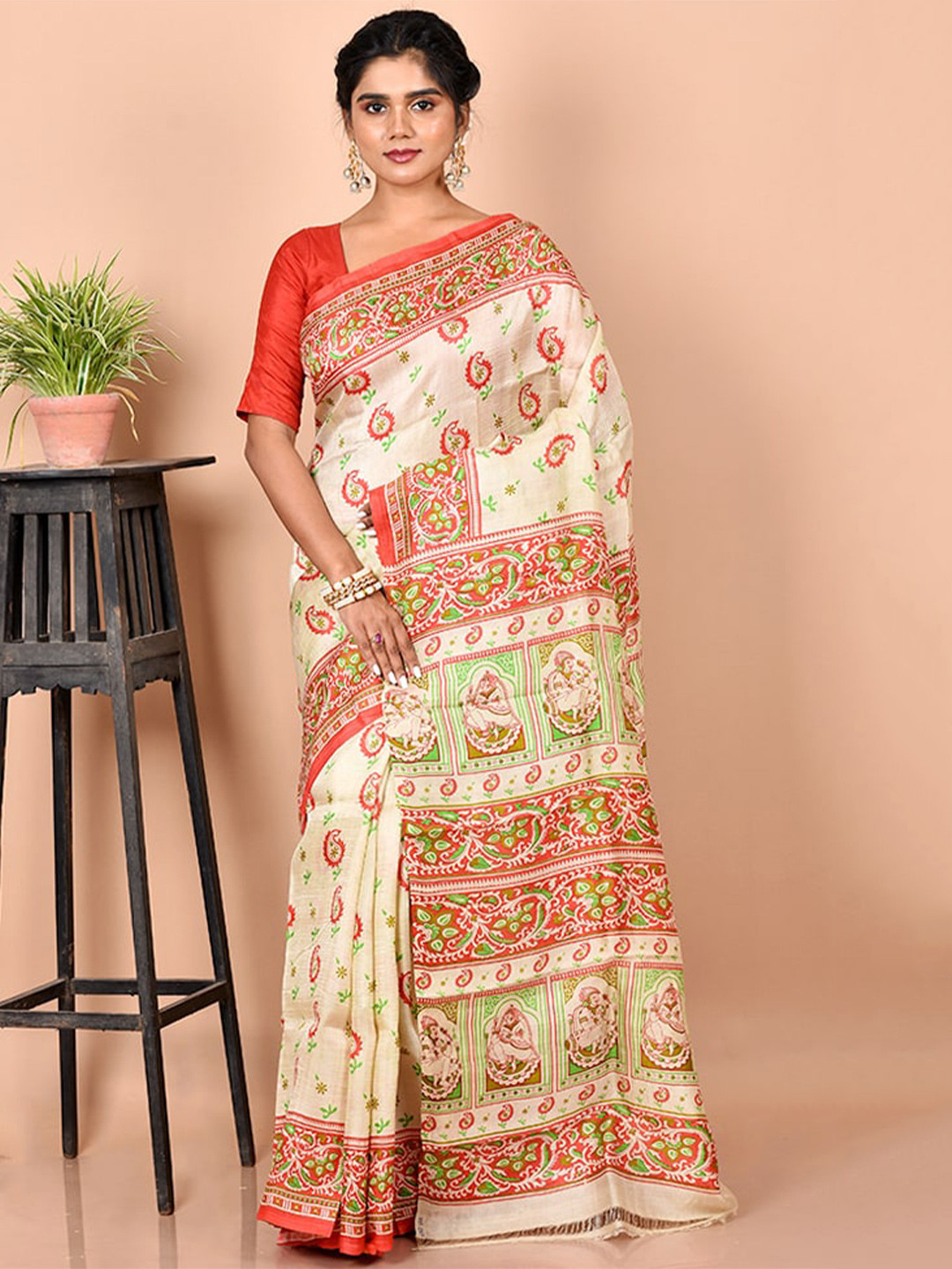 

AllSilks Off White & Green Paisley Pure Silk Murshidabad silk Saree