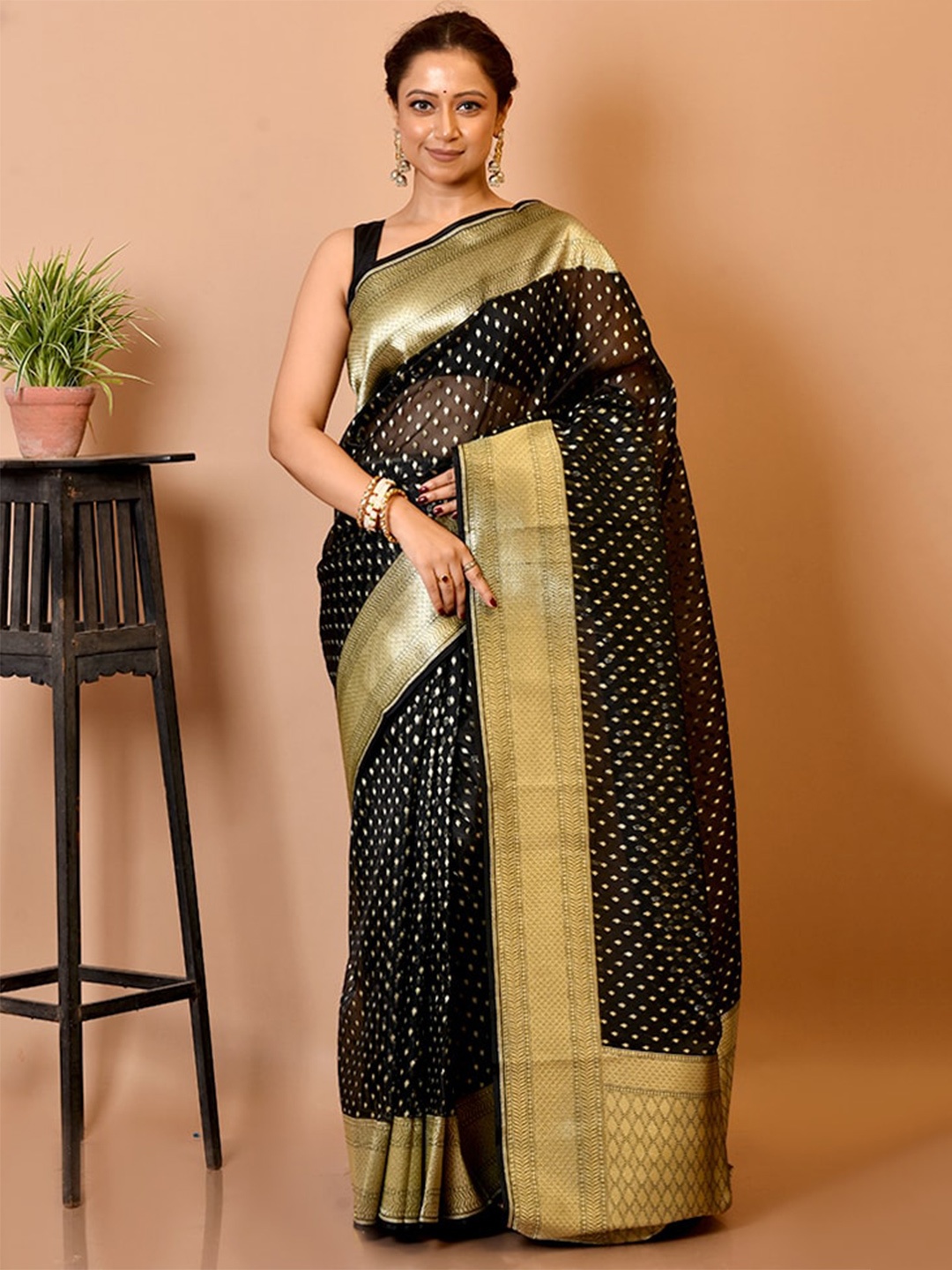 

AllSilks Black & Gold-Toned Ethnic Motifs Zari Silk Blend Saree