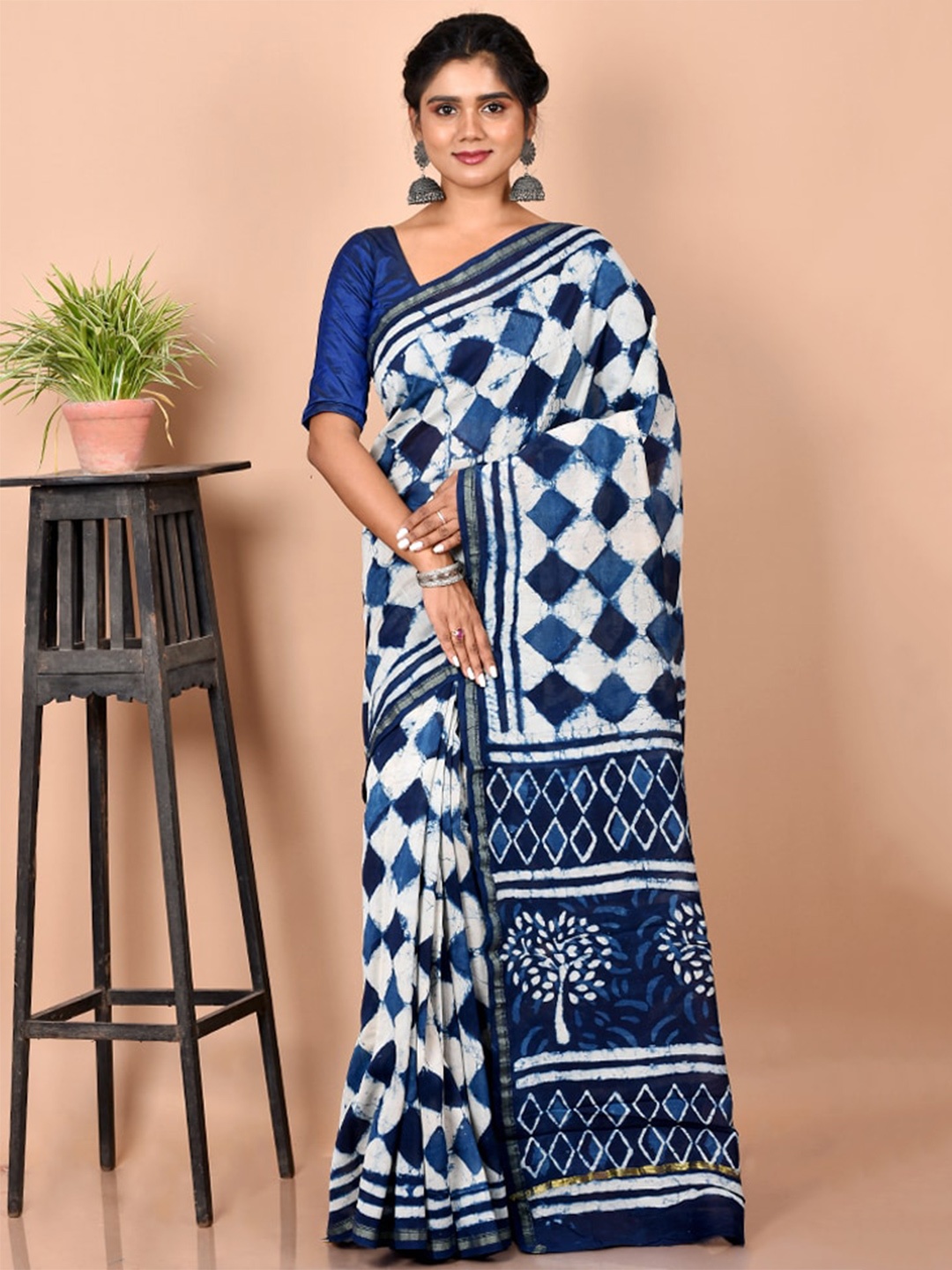 

AllSilks Blue & White Zari Silk Blend Chanderi Saree
