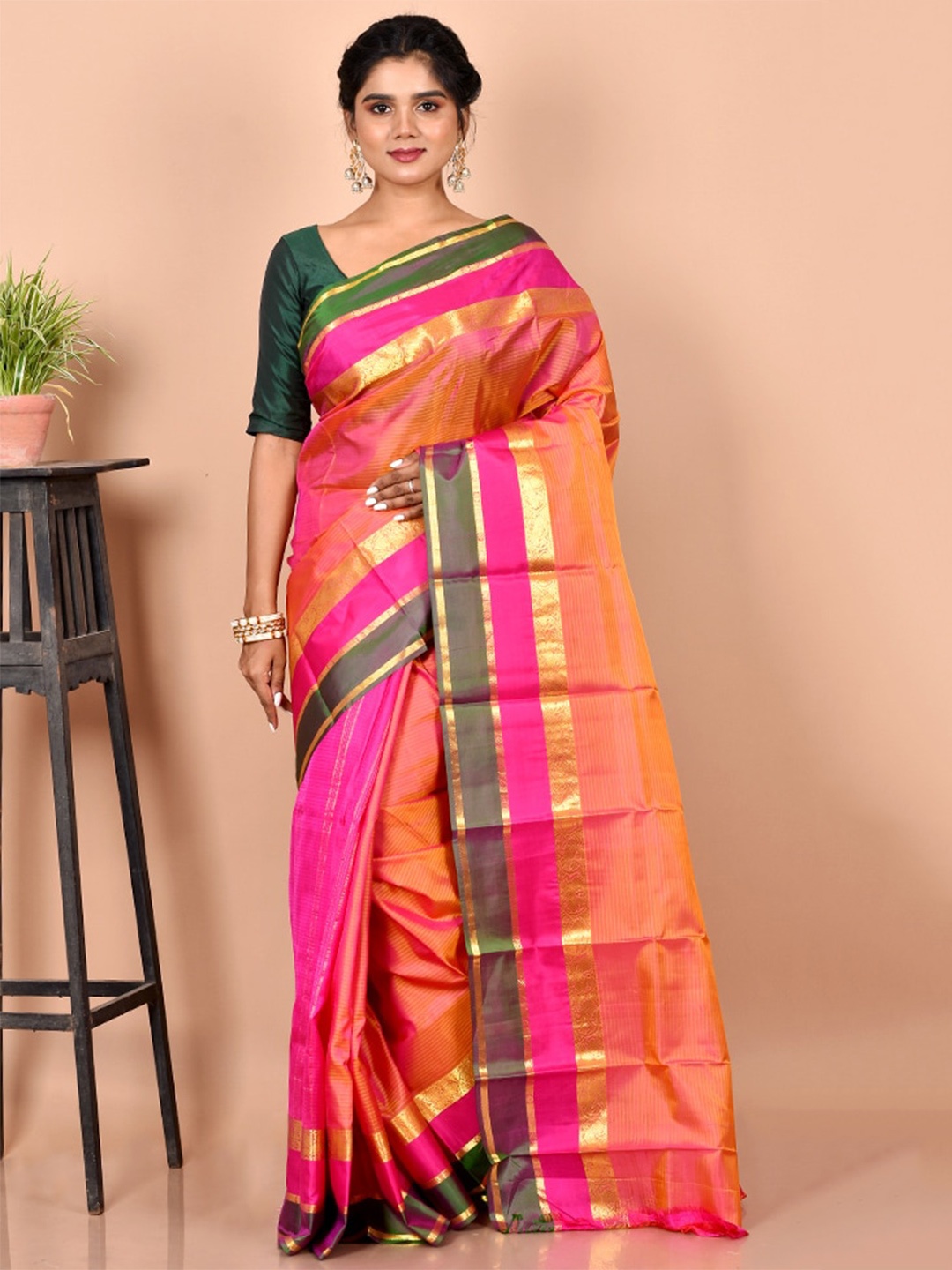 

AllSilks Pink & Orange Woven Design Zari Pure Silk Kanjeevaram Saree