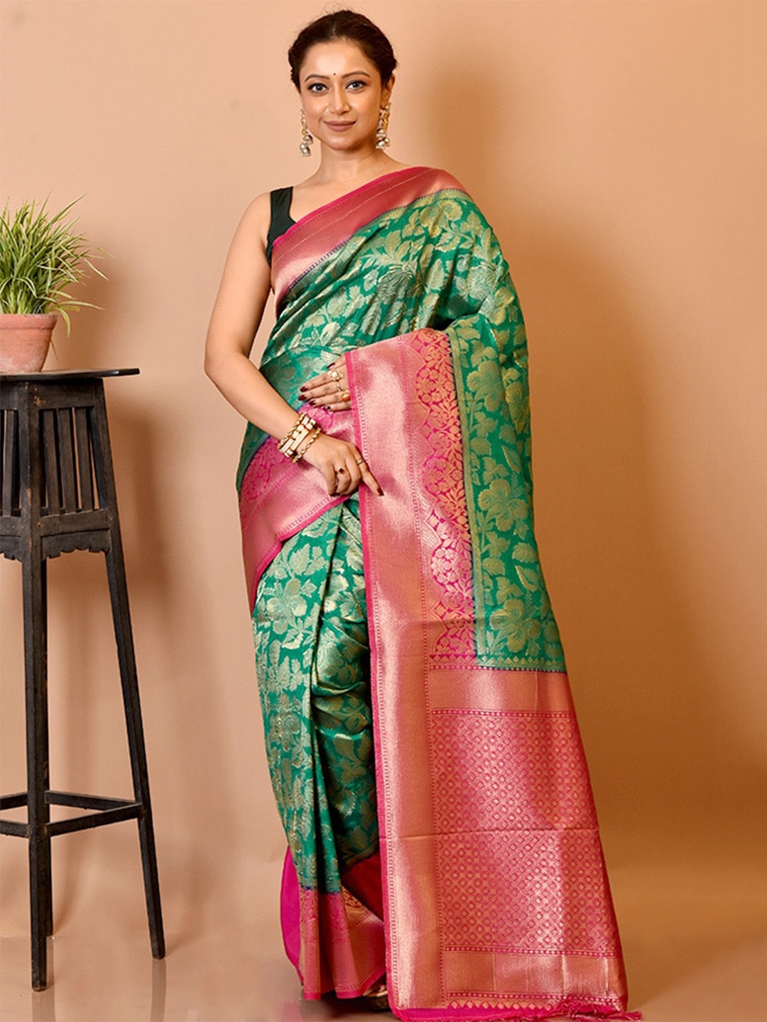 

AllSilks Green & Pink Ethnic Motifs Zari Silk Blend Saree