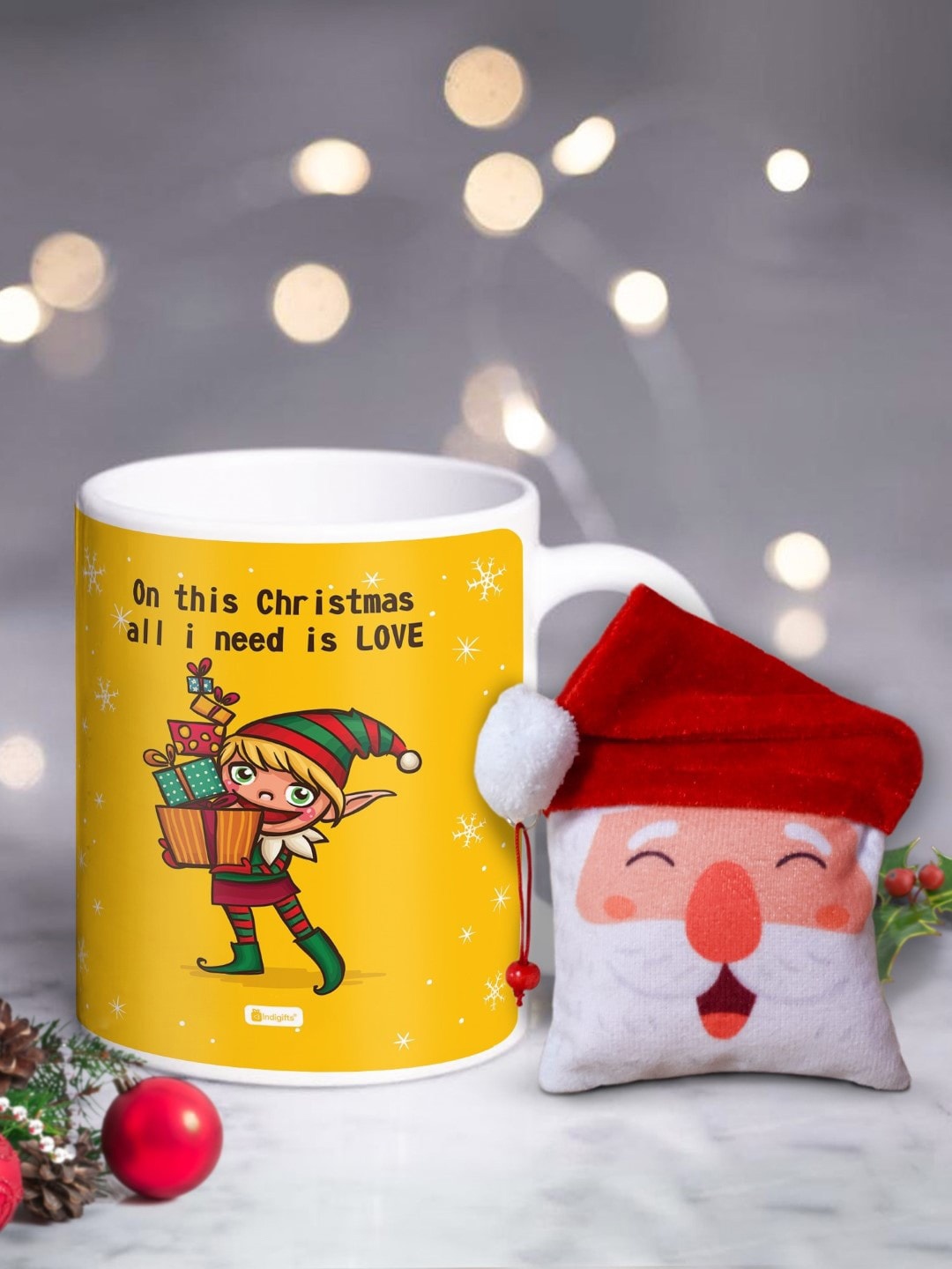 

Indigifts Yellow & White Text or Slogans Printed Christmas Matte Ceramic Mug - 325ML & Wall Hanging