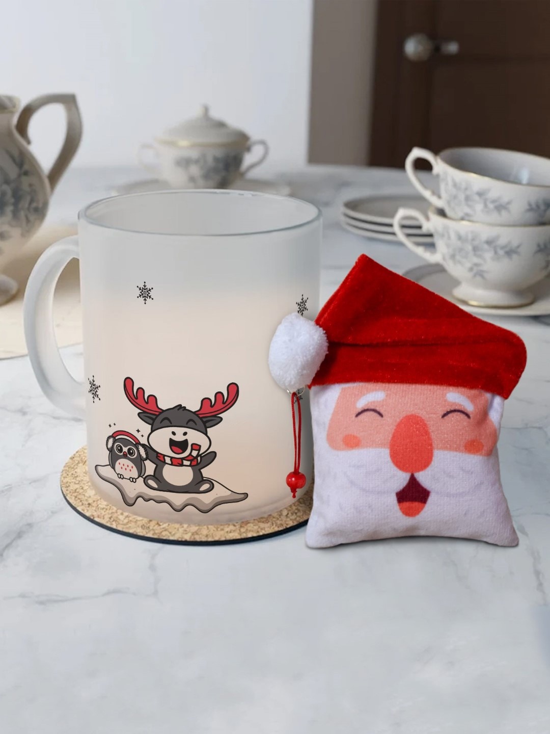 

Indigifts Reindeer Printed Frosted Coffee Mug & Santa Soft Toy, White