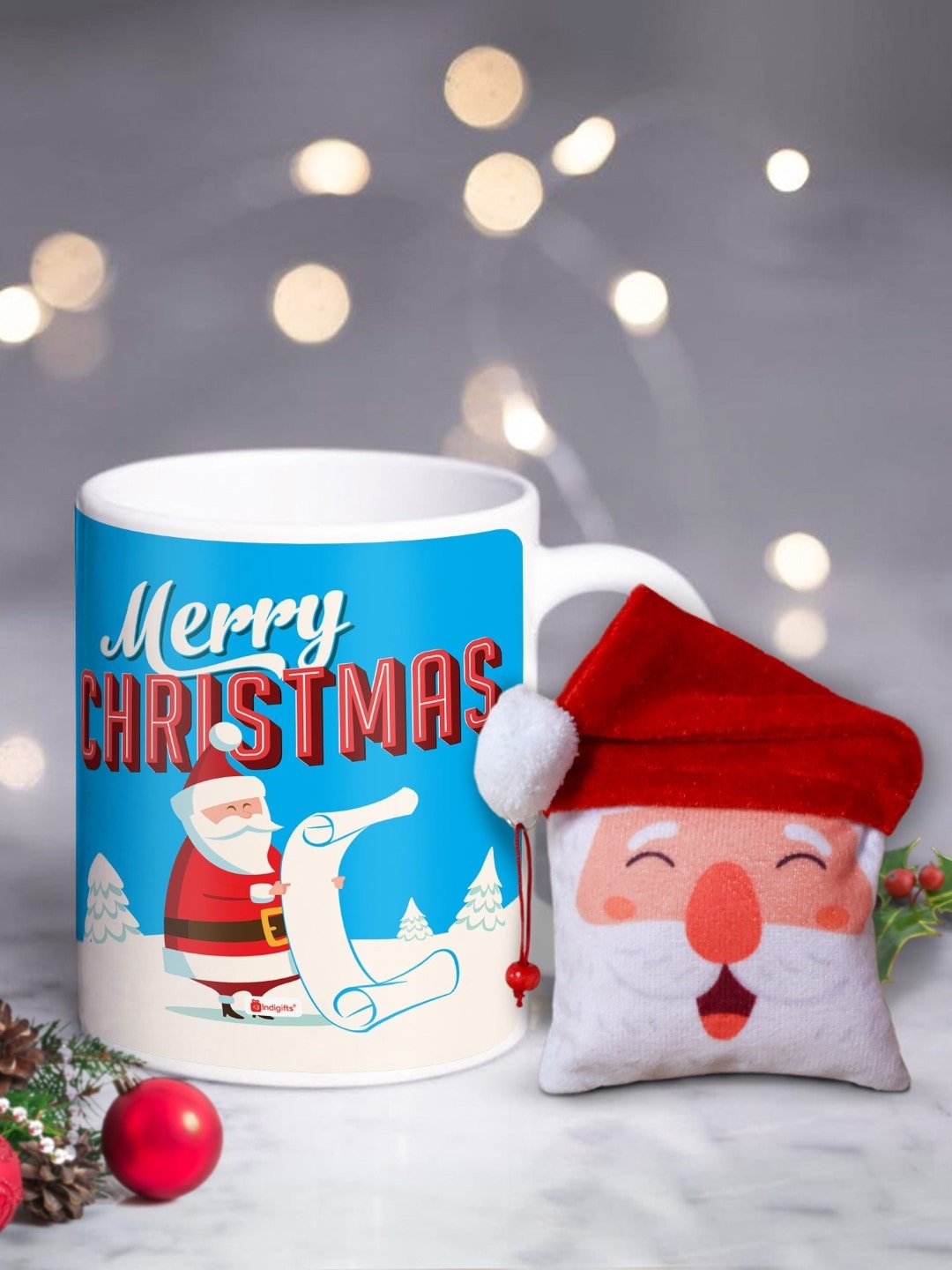 

Indigifts Blue & White Set Of 2 Text or Slogans Printed Christmas Matte Ceramic Mug - 325ML & Wall Hanging