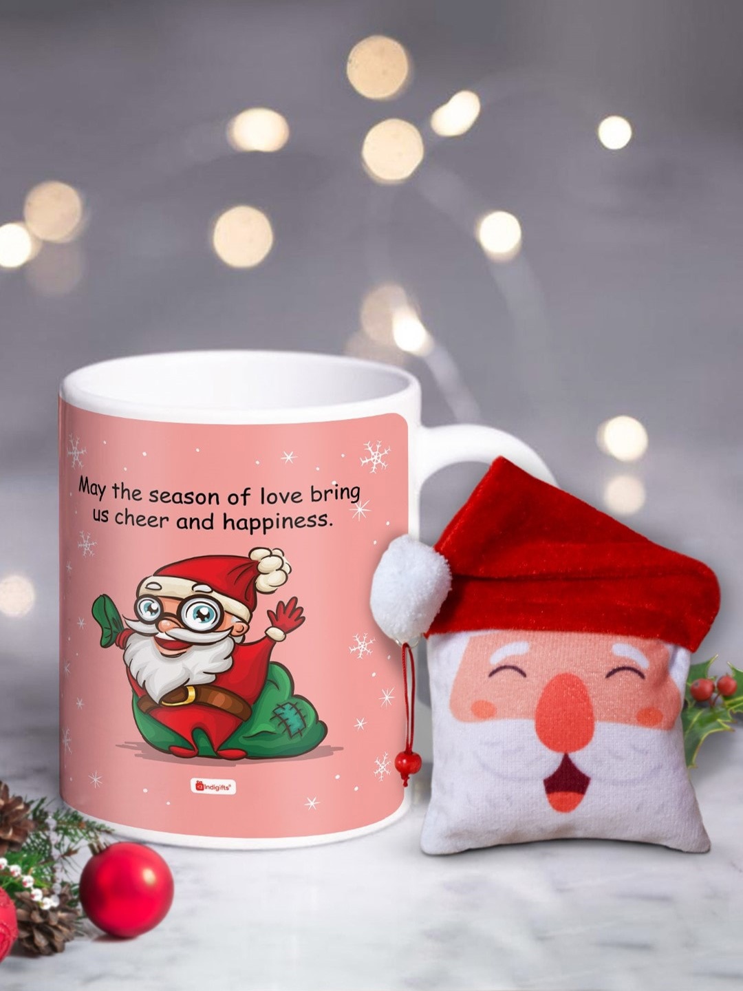 

Indigifts Pink & White Set Of 2 Text or Slogans Printed Christmas Matte Ceramic Mug - 325ML & Wall Hanging