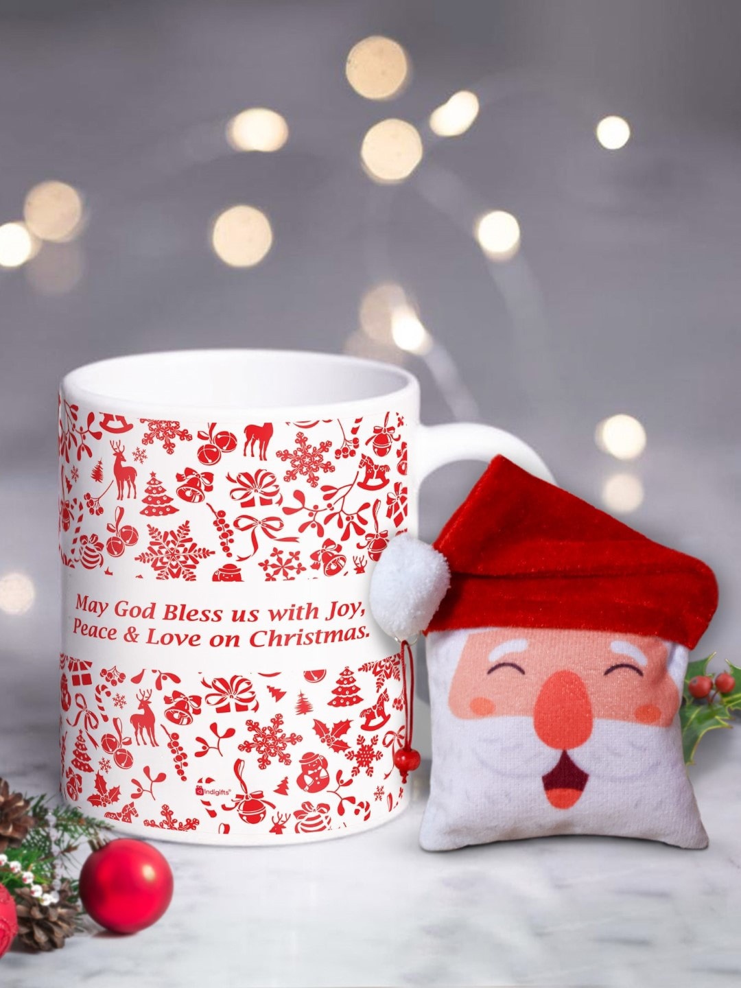 

Indigifts White & Red Set Of 2 Text or Slogans Printed Christmas Matte Ceramic Mug - 325ML & Wall Hanging