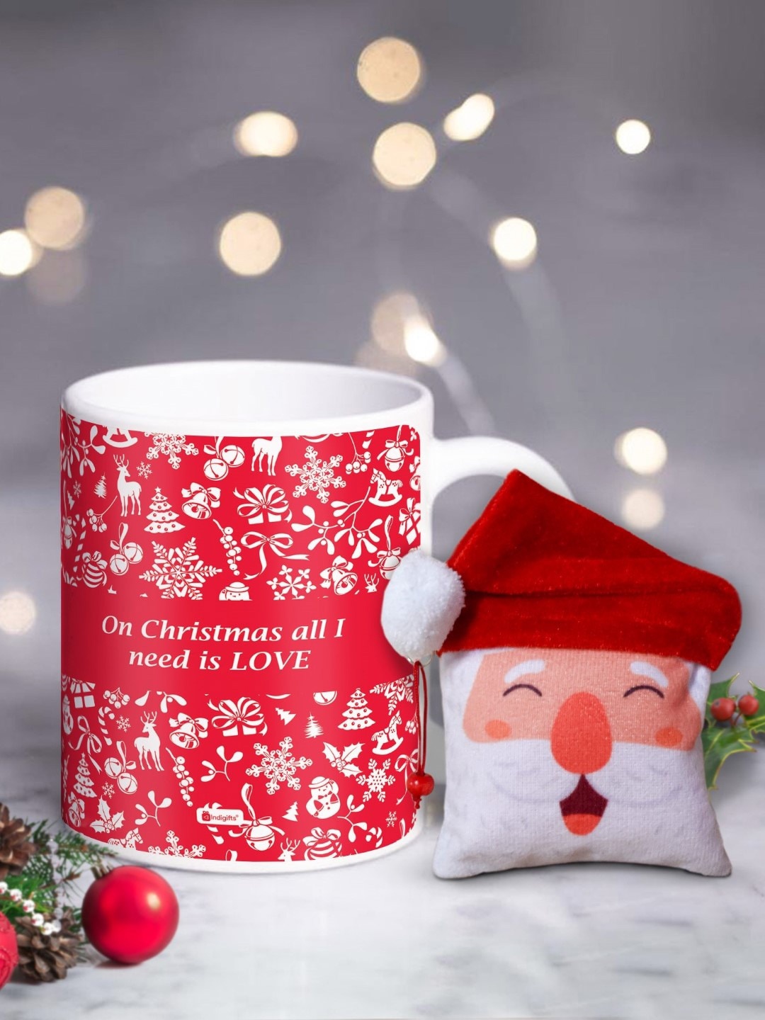 

Indigifts White & Red Set Of 2 Text or Slogans Printed Christmas Matte Ceramic Mug - 325ML & Wall Hanging