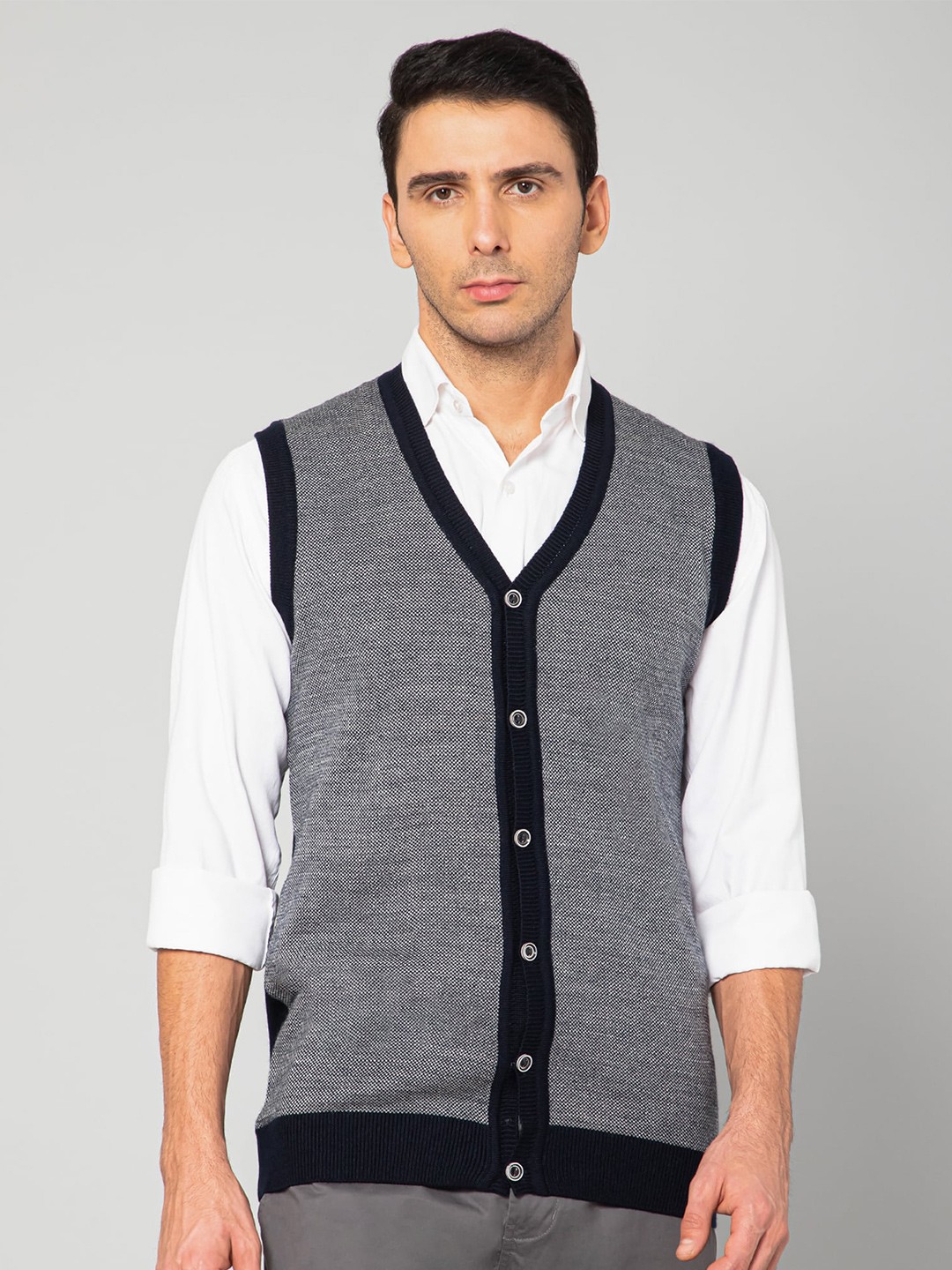 

Cantabil Men Navy Blue & White Ribbed Acrylic Cardigan