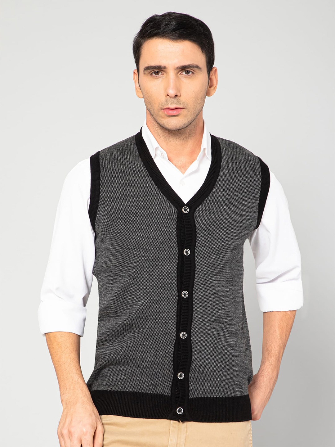 

Cantabil Men Black & Grey Ribbed Acrylic Sweater Vest