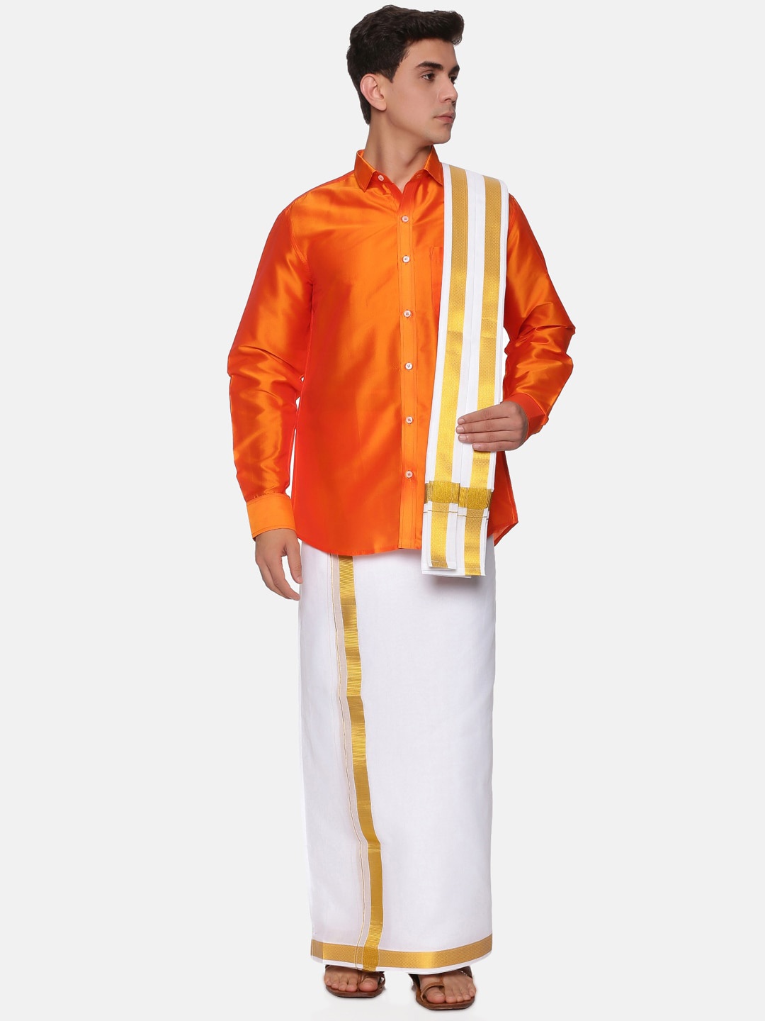 

Sethukrishna Men Orange & White Solid Long Sleeves Shirt with Veshti & With Angavastram