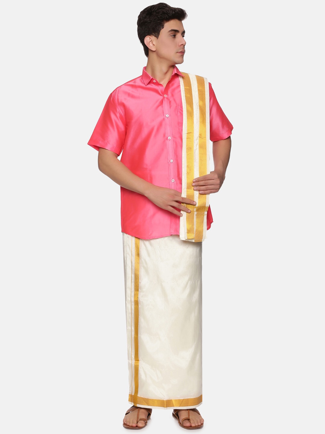 

Sethukrishna Men Pink & White Solid Short Sleeves Shirt with Veshti & With Angavastram