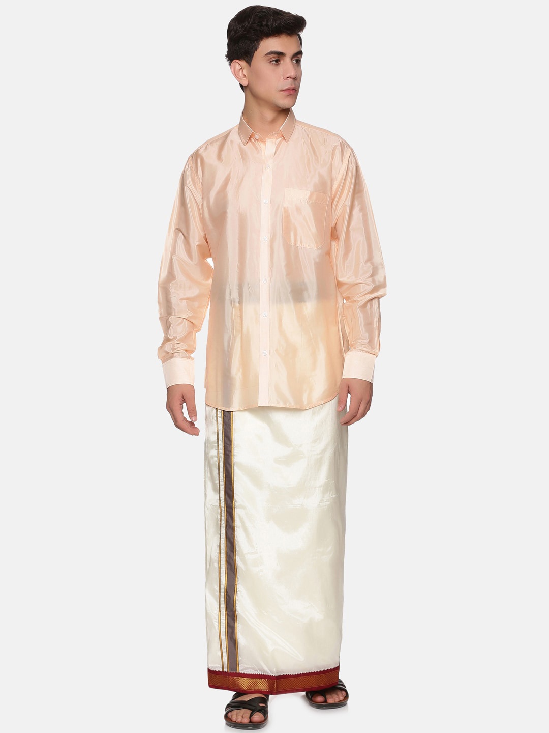 

Sethukrishna Men Peach & White Solid Long Sleeves Shirt with Veshti