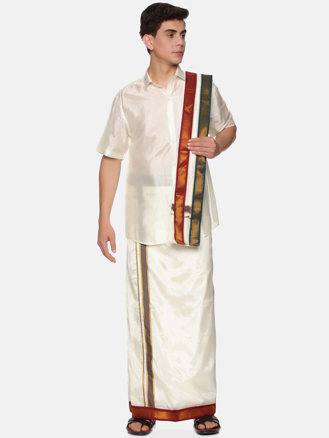 

Sethukrishna Men White & Red Solid Short Sleeves Shirt with Veshti & With Angavastram