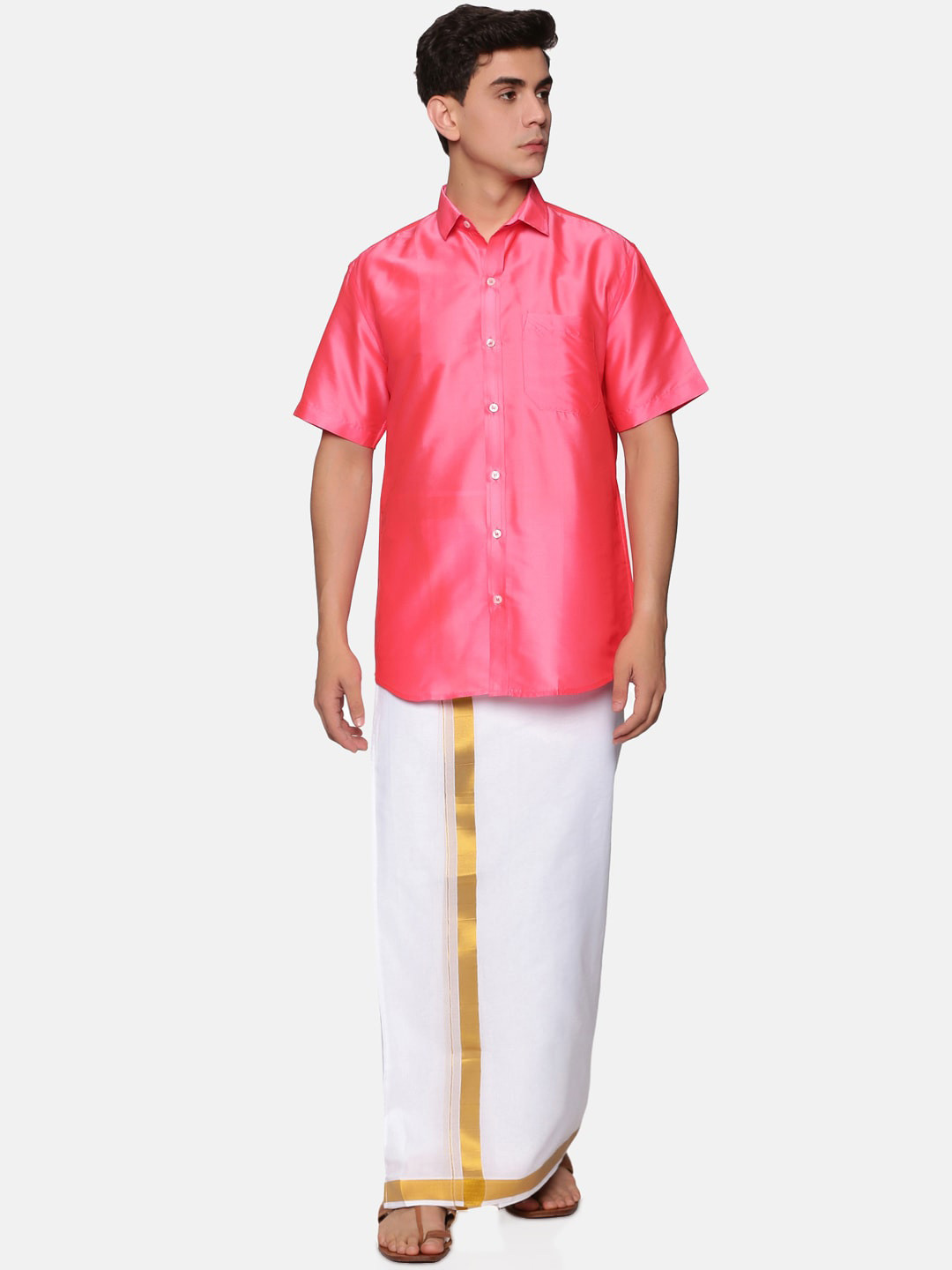 

Sethukrishna Men Pink & White Solid Short Sleeves Shirt with Veshti