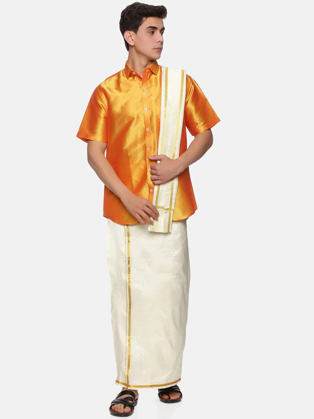 

Sethukrishna Men Yellow & White Solid Short Sleeves Shirt with Veshti & With Angavastram