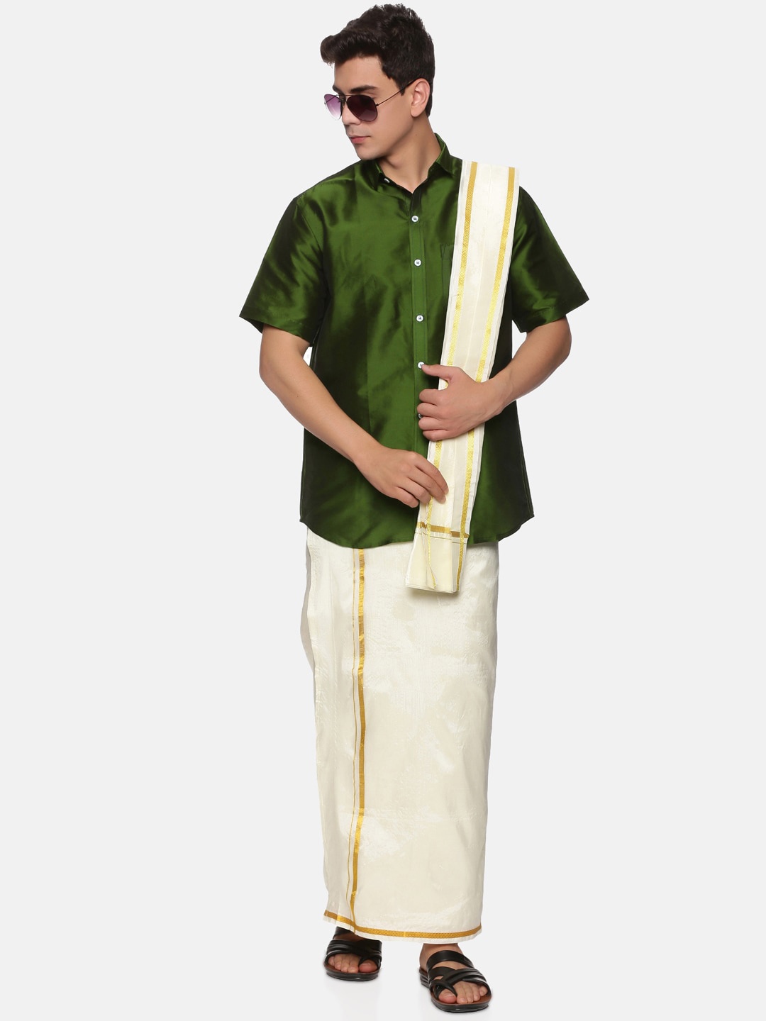

Sethukrishna Men Olive Green & White Solid Shirt with Veshti & With Angavastram