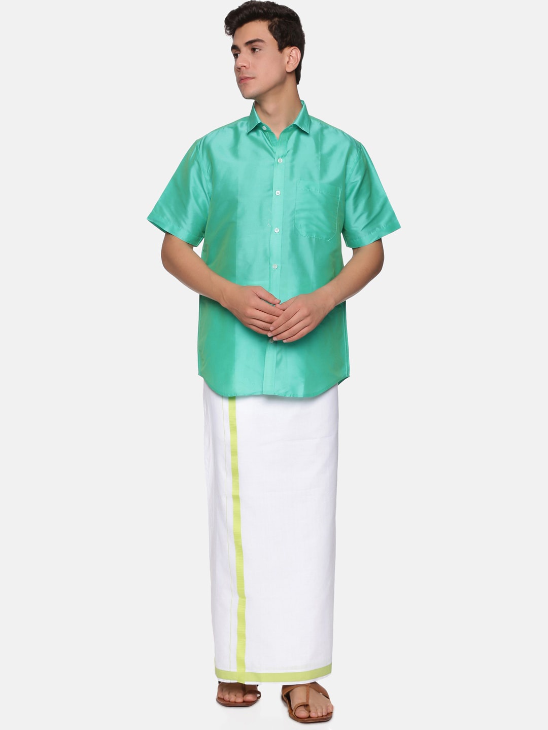 

Sethukrishna Men Fluorescent Green & White Shirt with Dhoti Pants