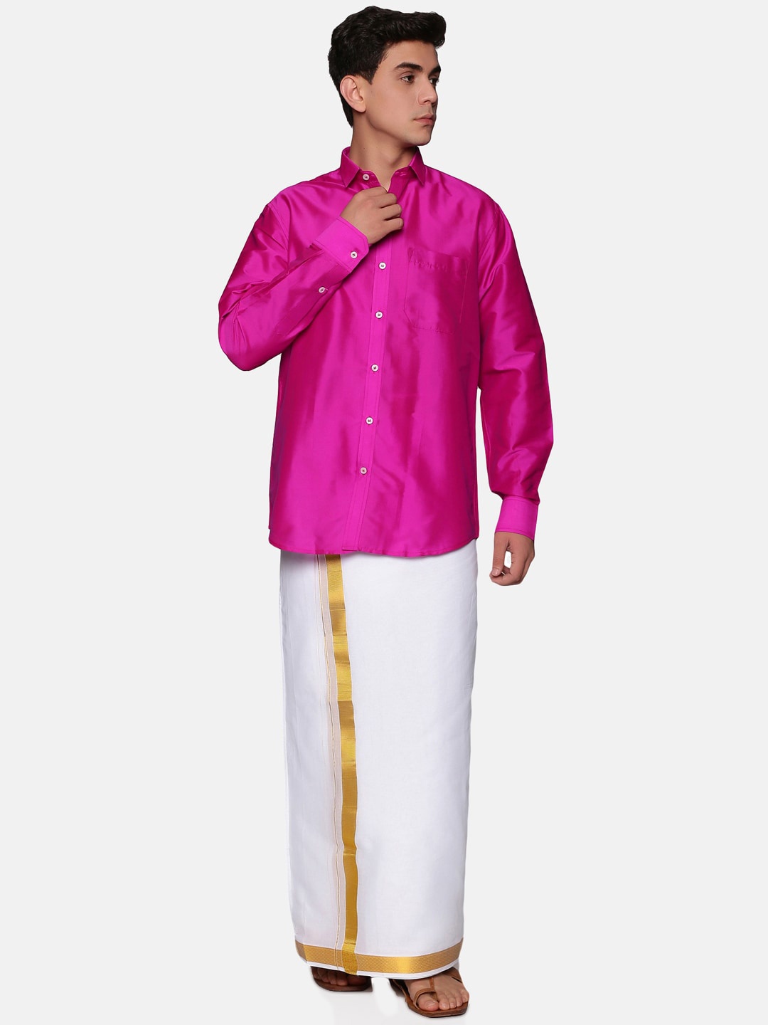 

Sethukrishna Men Pink & White Shirt With Dhoti Pants