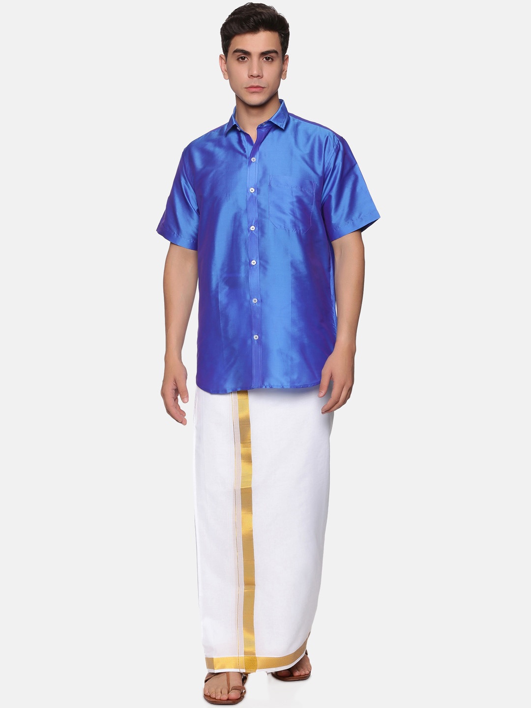 

Sethukrishna Men Blue & White Shirt With Dhoti Pants