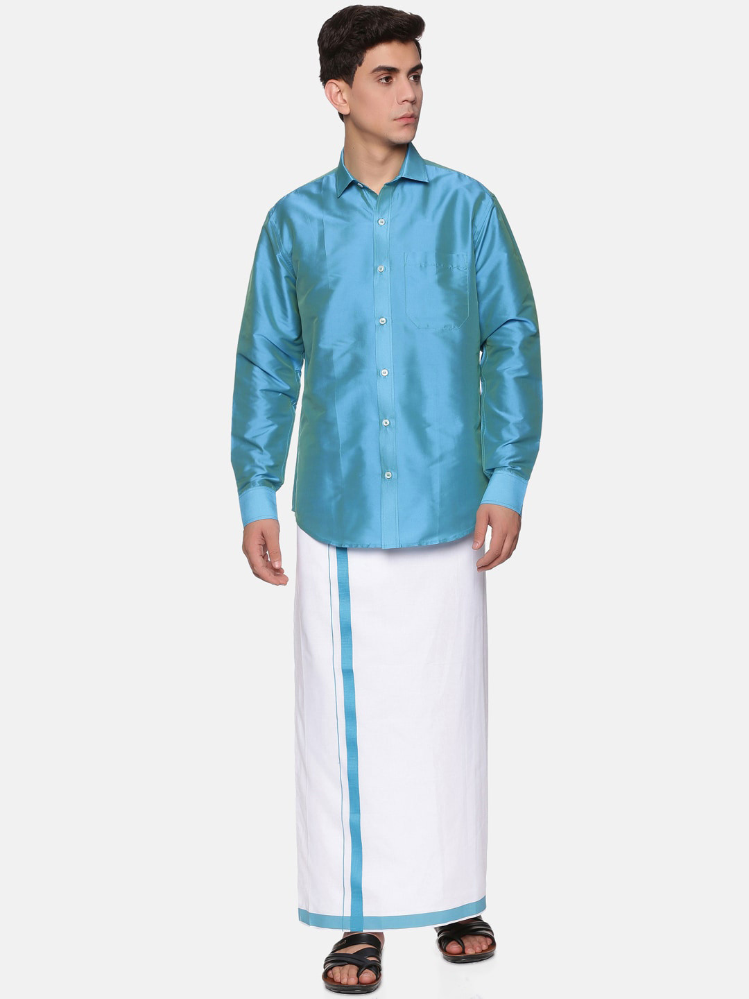 

Sethukrishna Men Turquoise Blue & White Shirt With Dhoti Pants