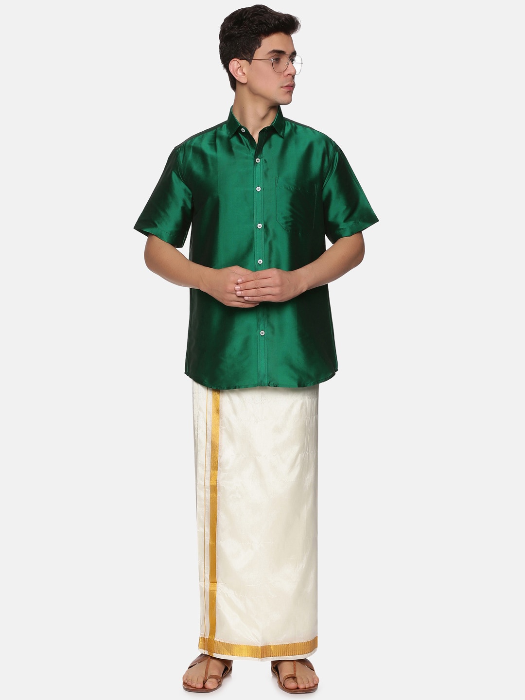 

Sethukrishna Men Green & White Shirt With Dhoti Pants