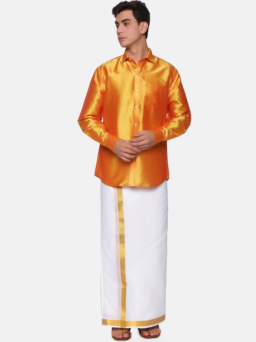 

Sethukrishna Men Yellow & Off White Shirt With Dhoti Pants