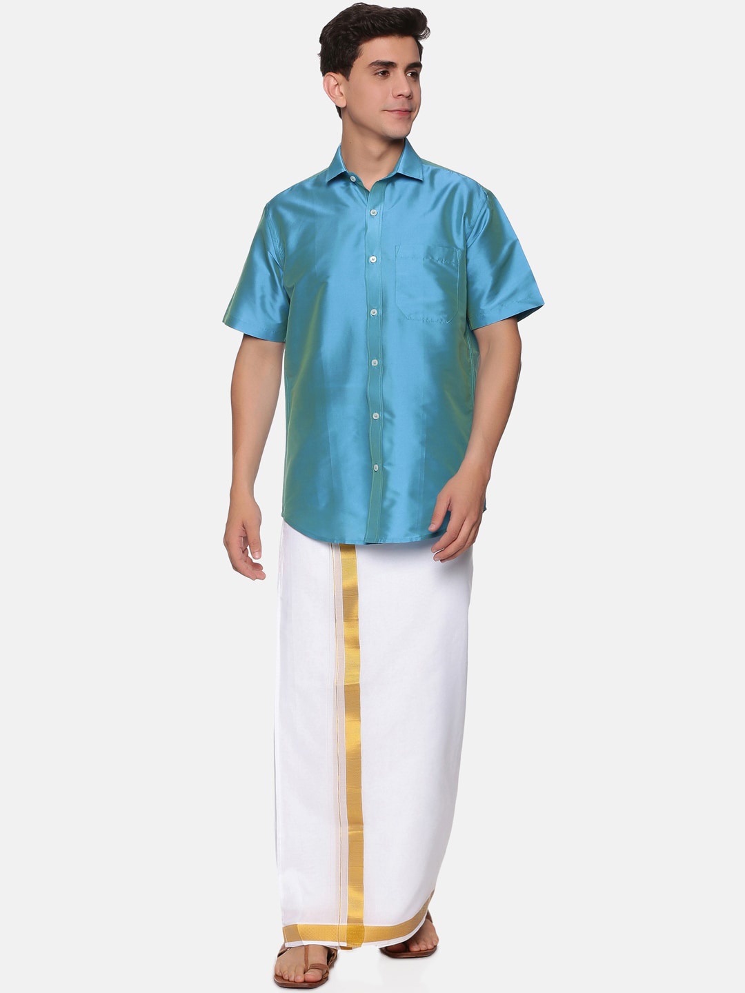

Sethukrishna Men Turquoise Blue & White Shirt With Dhoti Pants