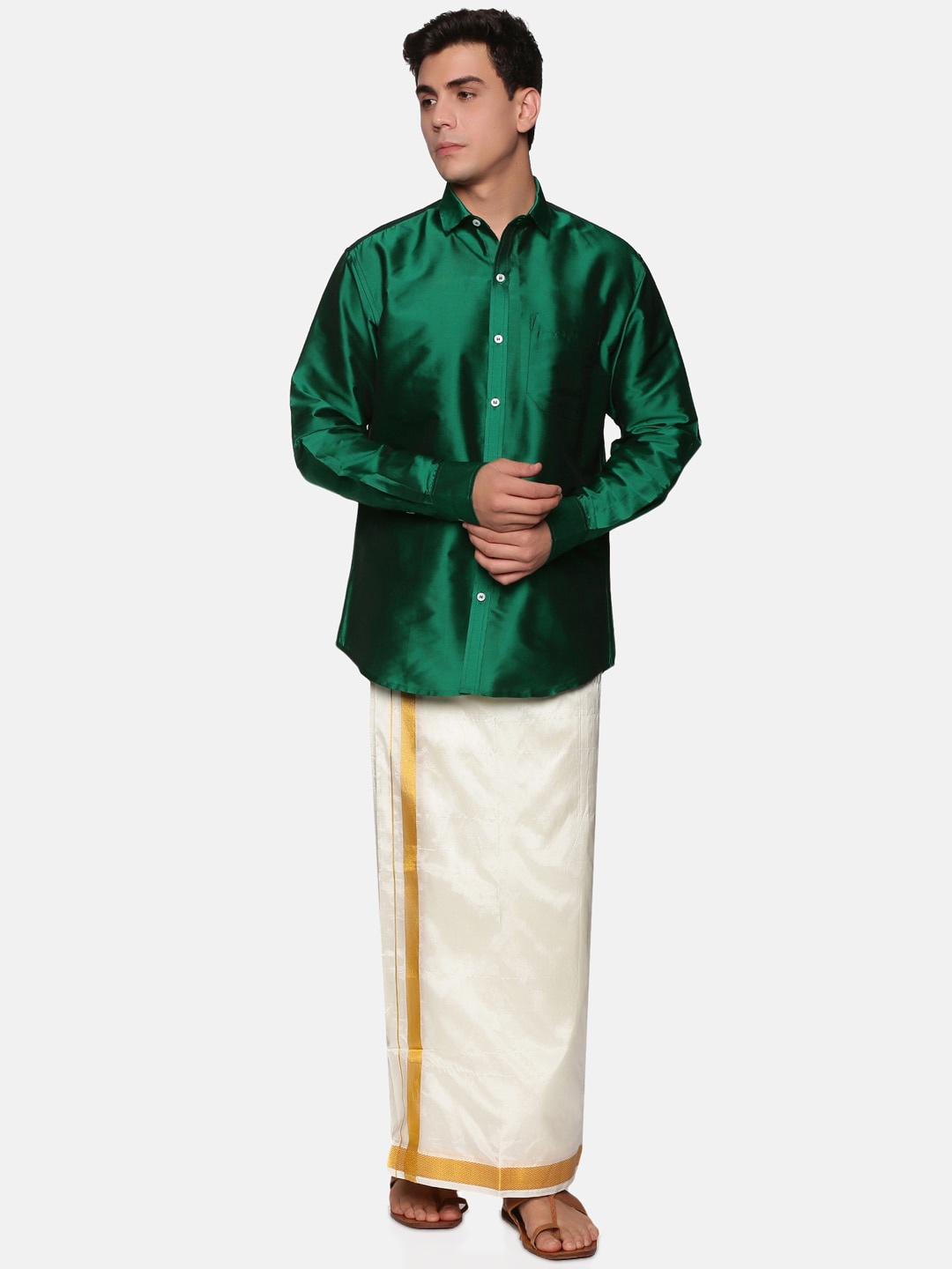 

Sethukrishna Men Green & White Shirt With Dhoti Pants