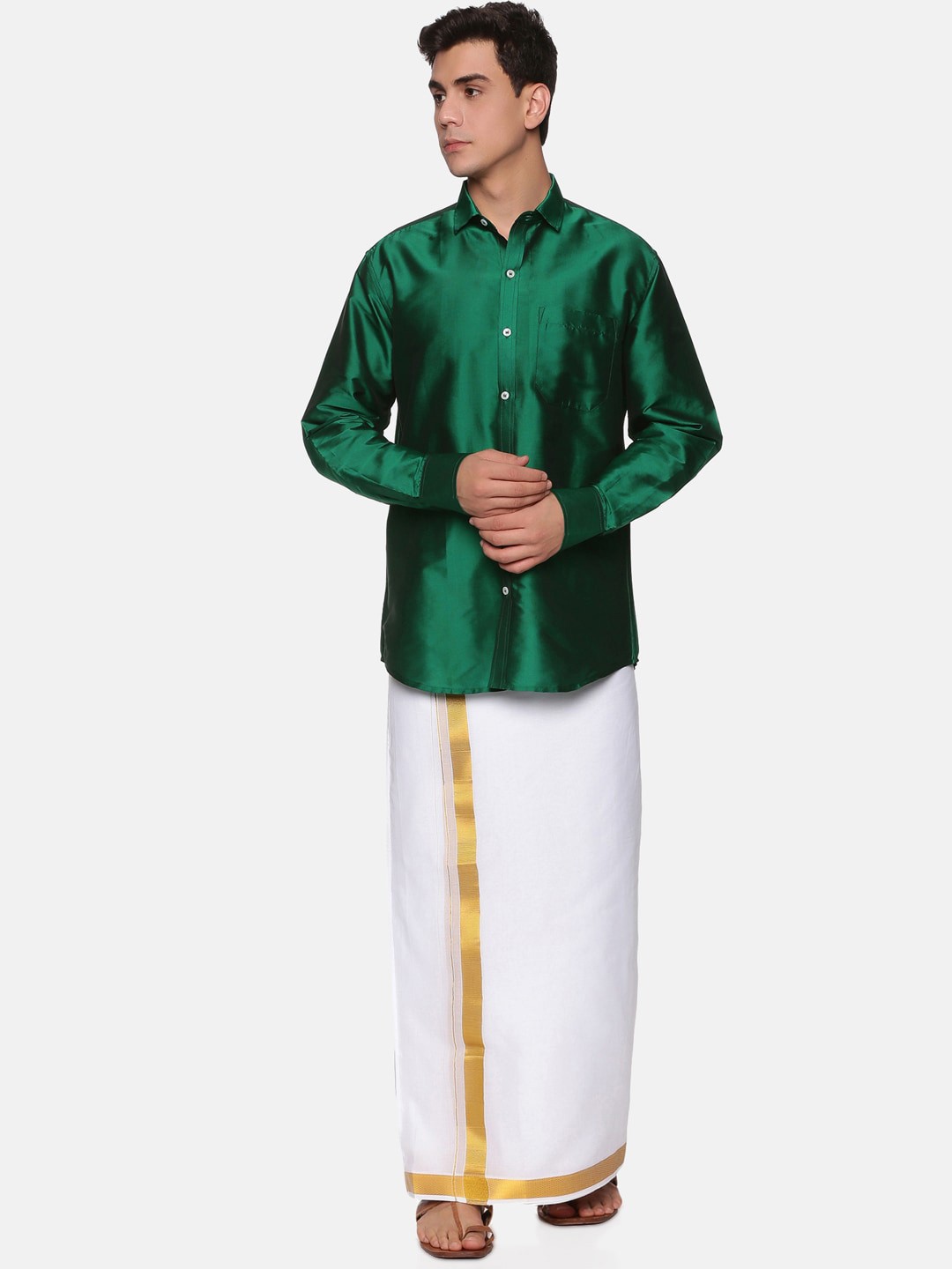 

Sethukrishna Men Green & White Shirt With Dhoti Pants