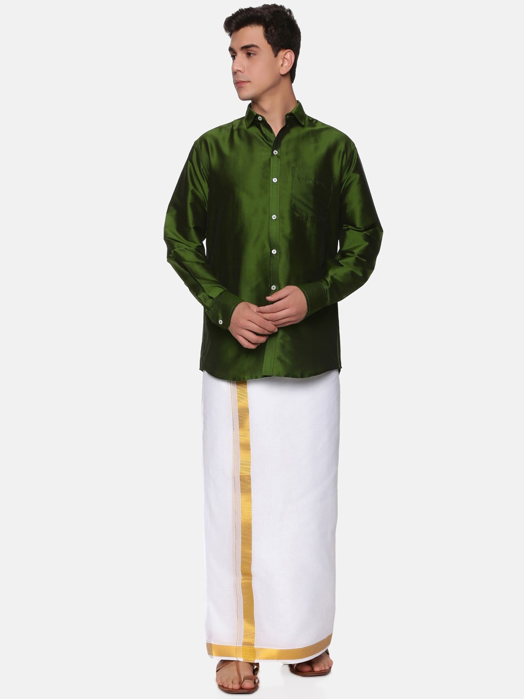 

Sethukrishna Men Olive Green & White Shirt With Dhoti Pants