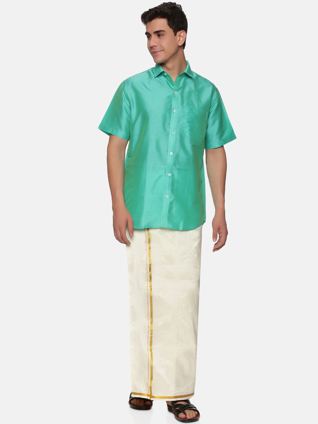 

Sethukrishna Men Fluorescent Green & White Shirt With Dhoti Pants