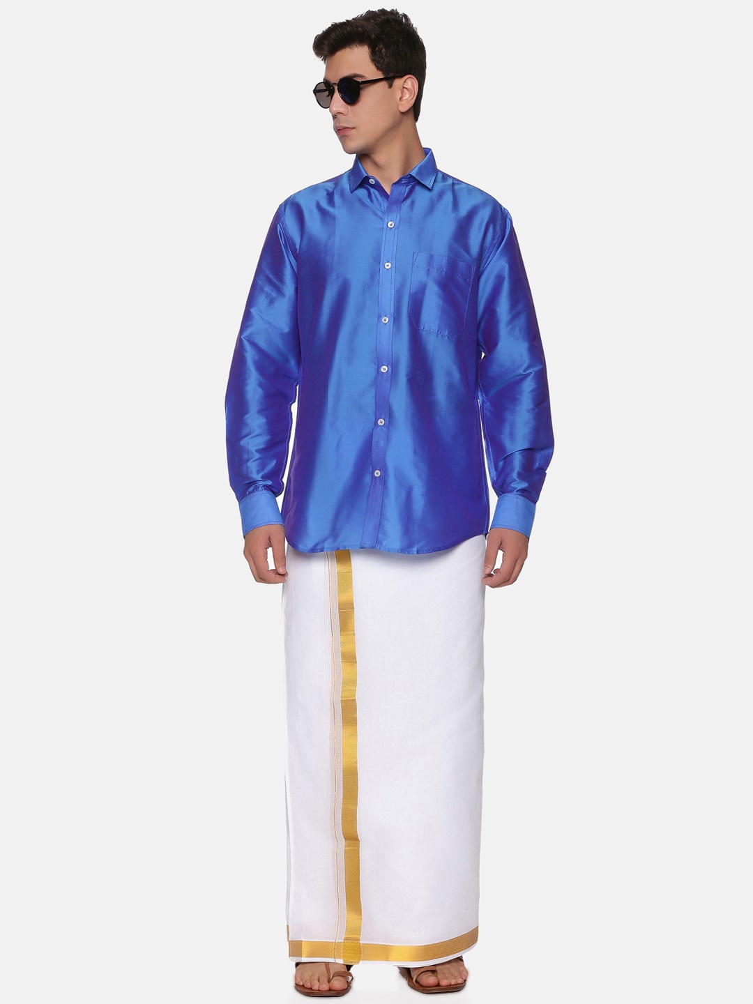 

Sethukrishna Men Blue & White Shirt with Dhoti Pants