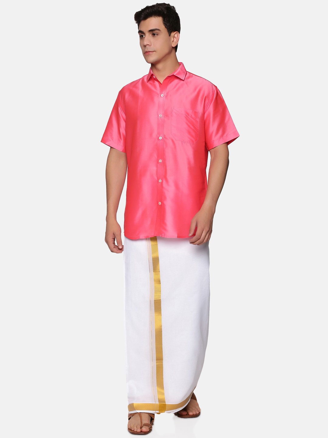 

Sethukrishna Men Pink & White Shirt with Dhoti Pants