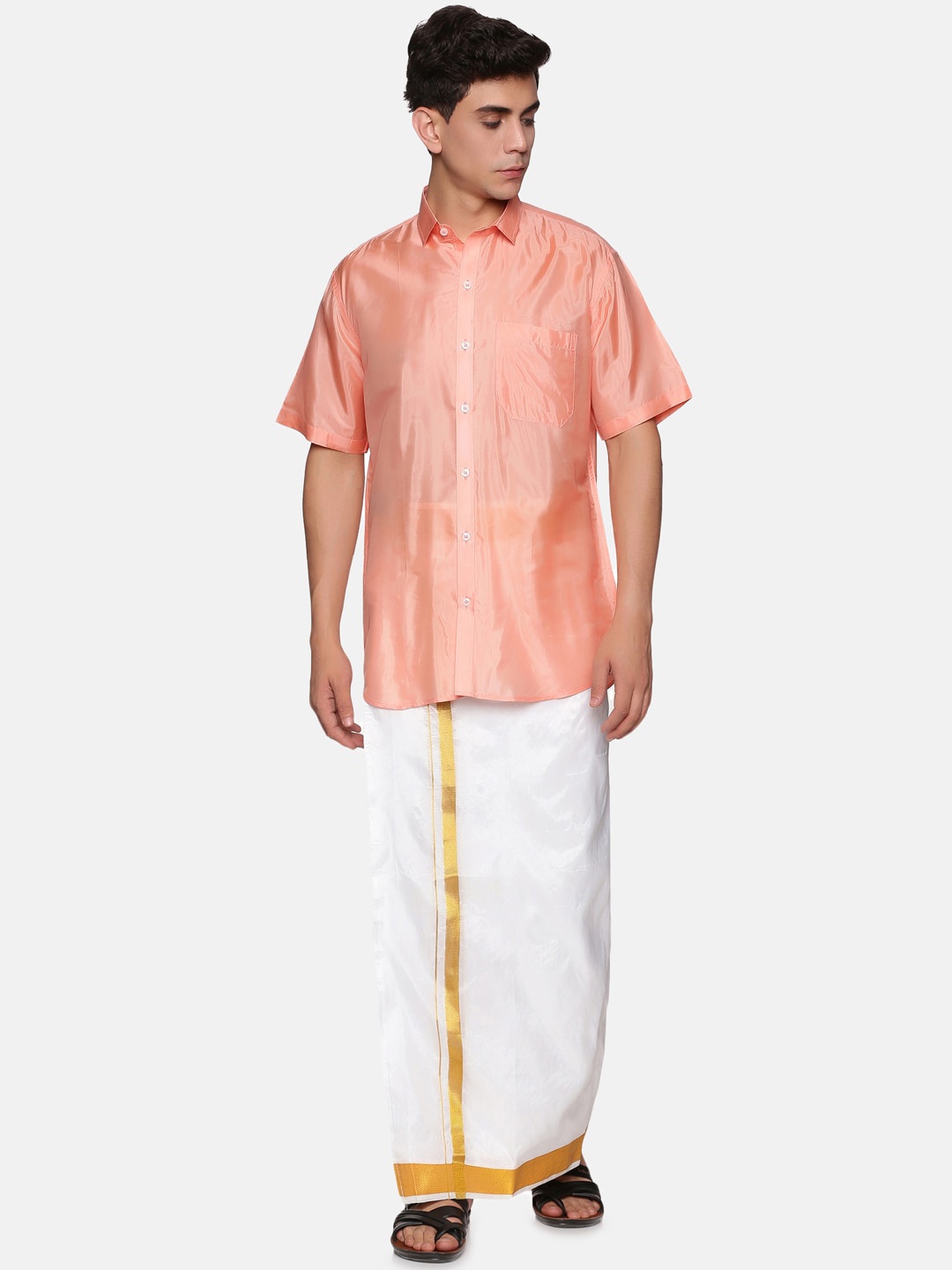 

Sethukrishna Men Peach-Coloured & White Shirt with Dhoti Pants