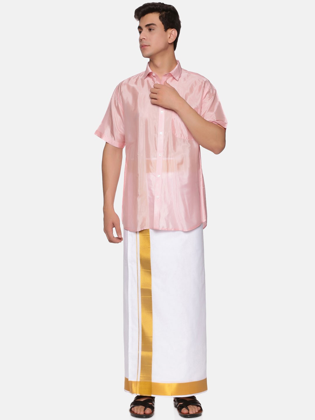 

Sethukrishna Men Pink & White Shirt with Dhoti Pants