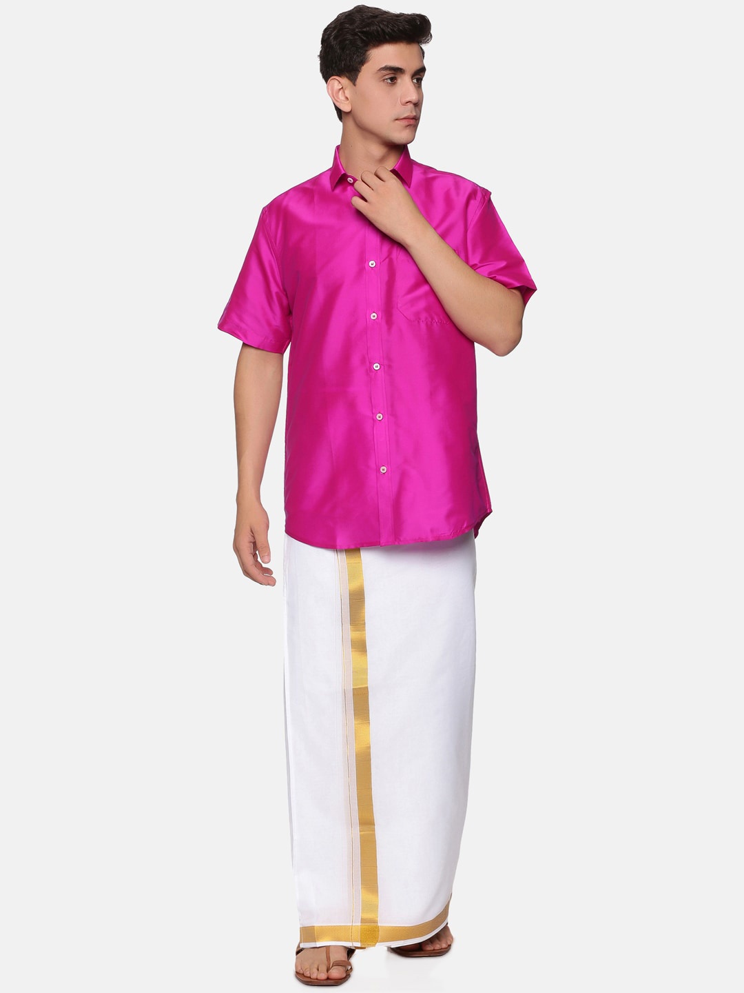 

Sethukrishna Men Pink & White Shirt with Dhoti Pants