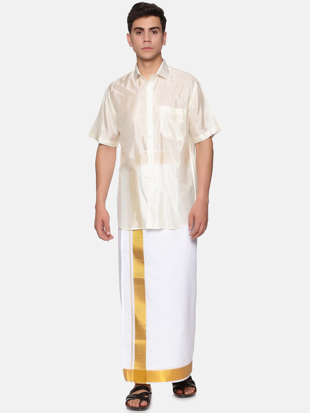 

Sethukrishna Men Cream-Coloured & White Shirt with Dhoti Pants